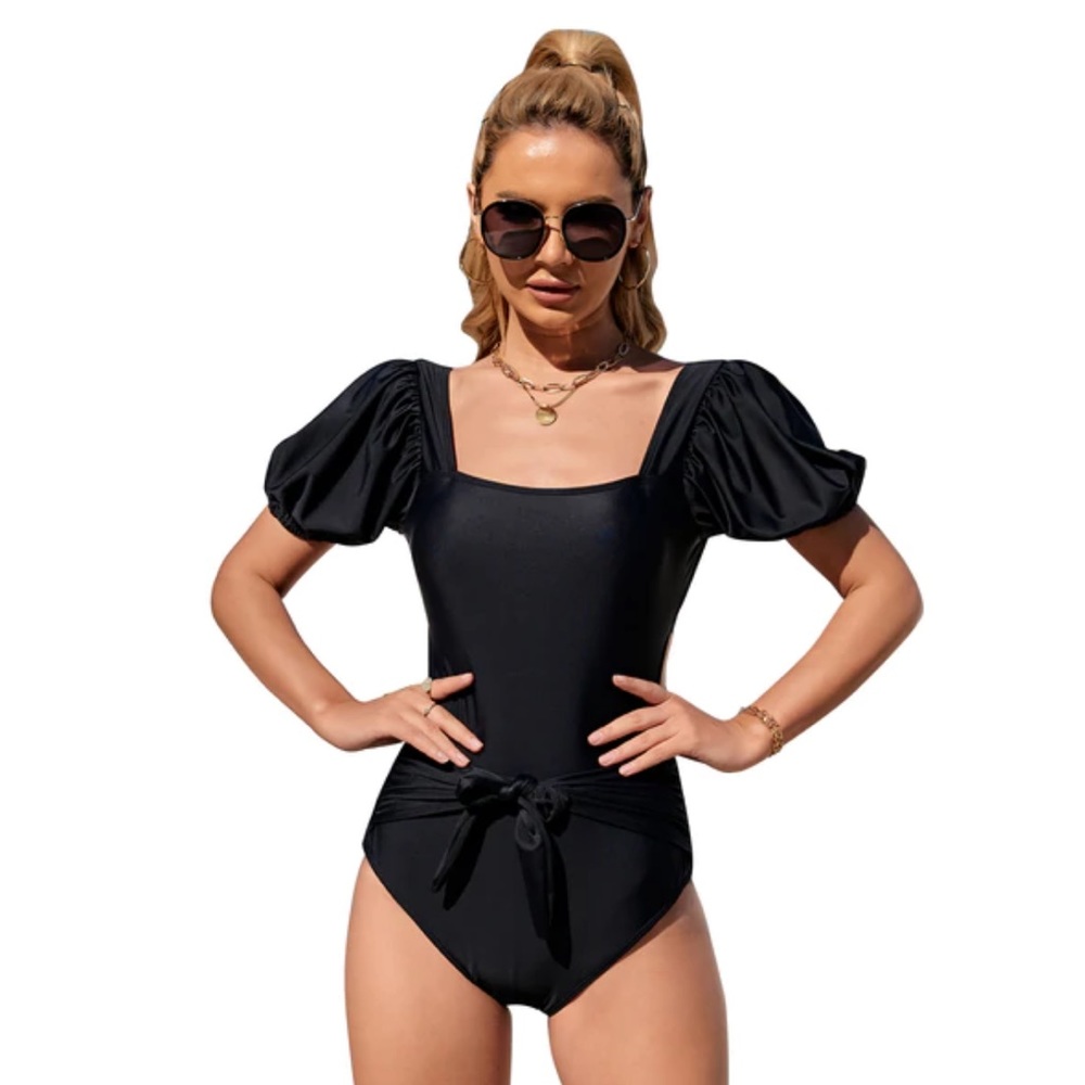 NWT Exlura Black Puff Sleeve One Piece Swimsuit S Square Neck Retro Modest